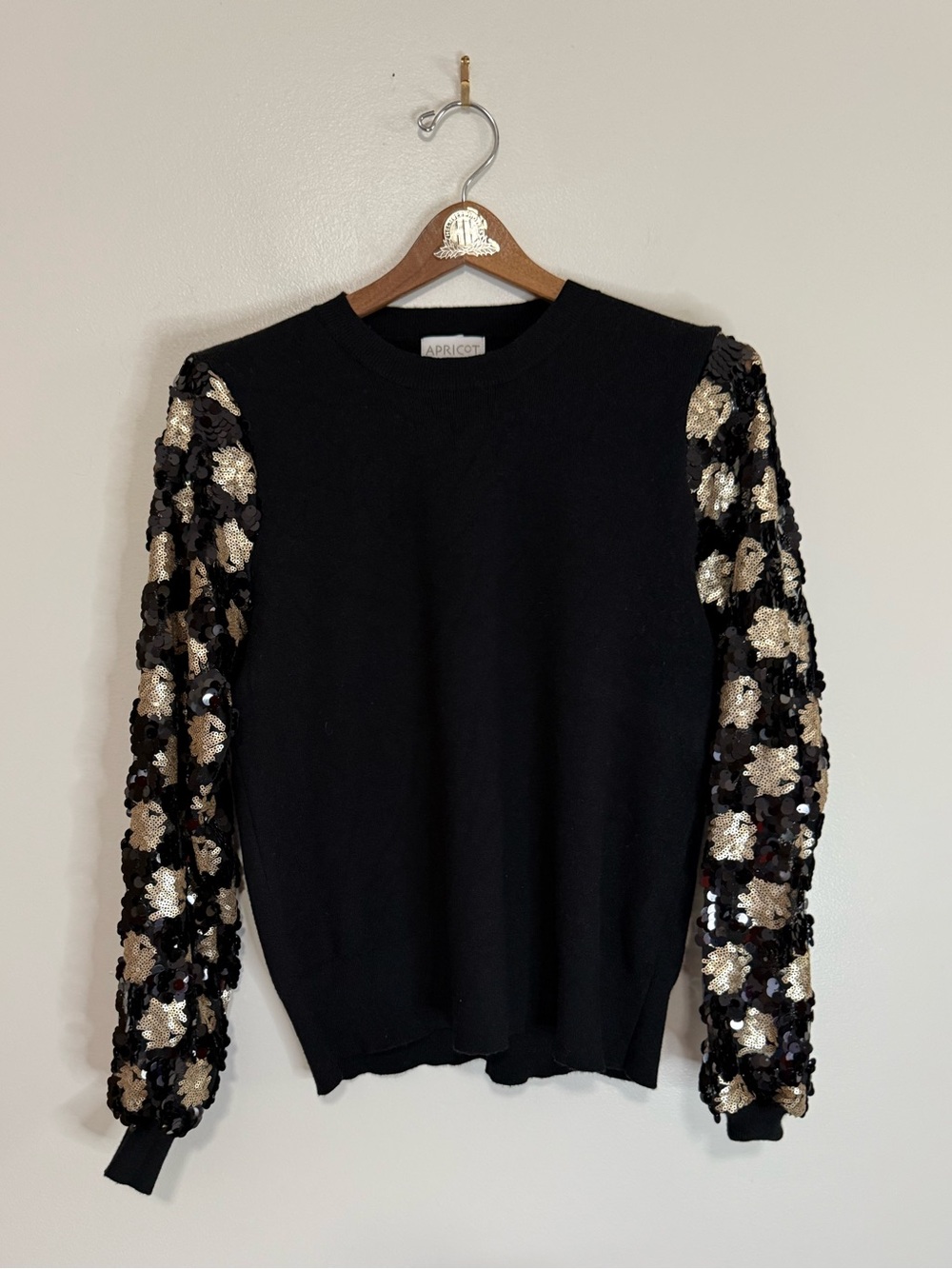 Apricot Black Sweater with black & Gold Sequin Sleeves size 8